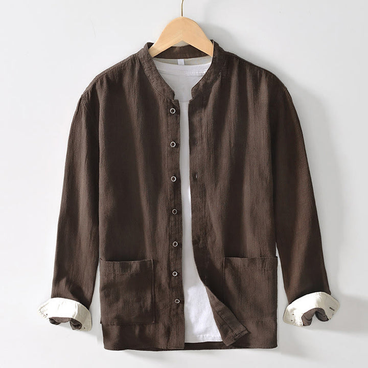 Camisa de lino y algodón de manga larga con botones y bolsillos para hombre, de color liso, con Buddha Stones - Marrón silla de montar - US/UK/AU42, EU52 (3XL) - image 0