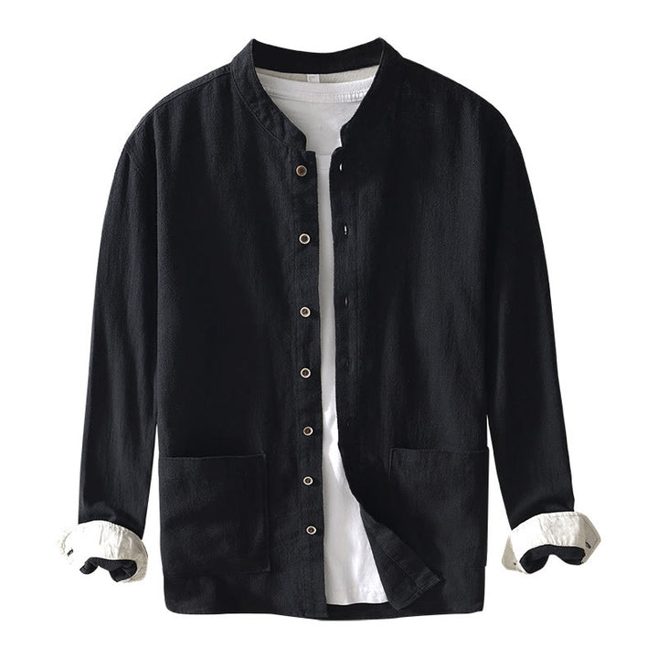 Camisa de lino y algodón de manga larga con botones y bolsillos para hombre, de color liso, con Buddha Stones - image 15