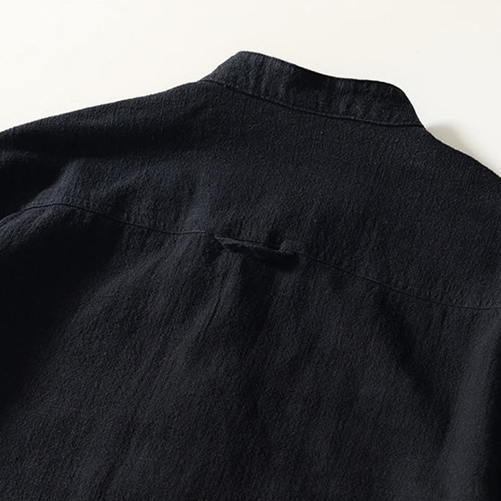 Camisa de lino y algodón de manga larga con botones y bolsillos para hombre, de color liso, con Buddha Stones - image 10