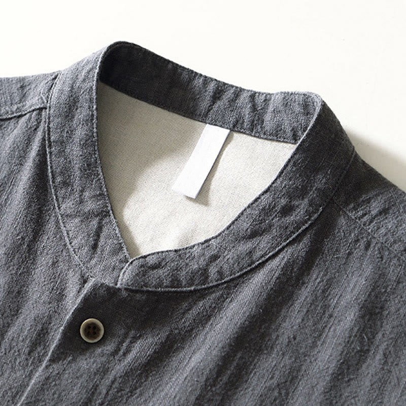 Camisa de lino y algodón de manga larga con botones y bolsillos para hombre, de color liso, con Buddha Stones - image 17