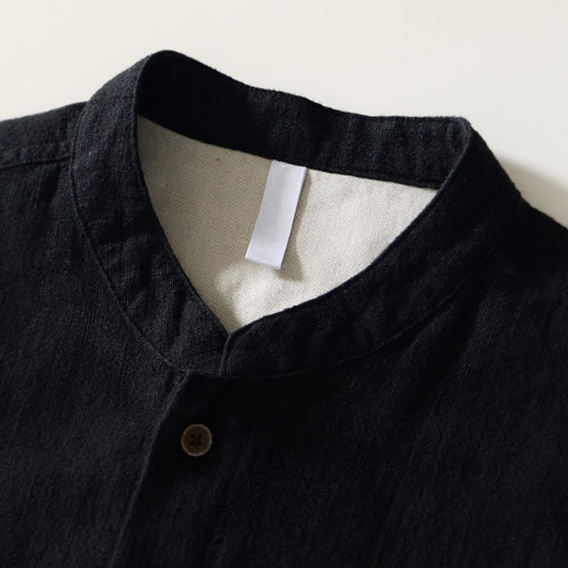 Camisa de lino y algodón de manga larga con botones y bolsillos para hombre, de color liso, con Buddha Stones - image 9