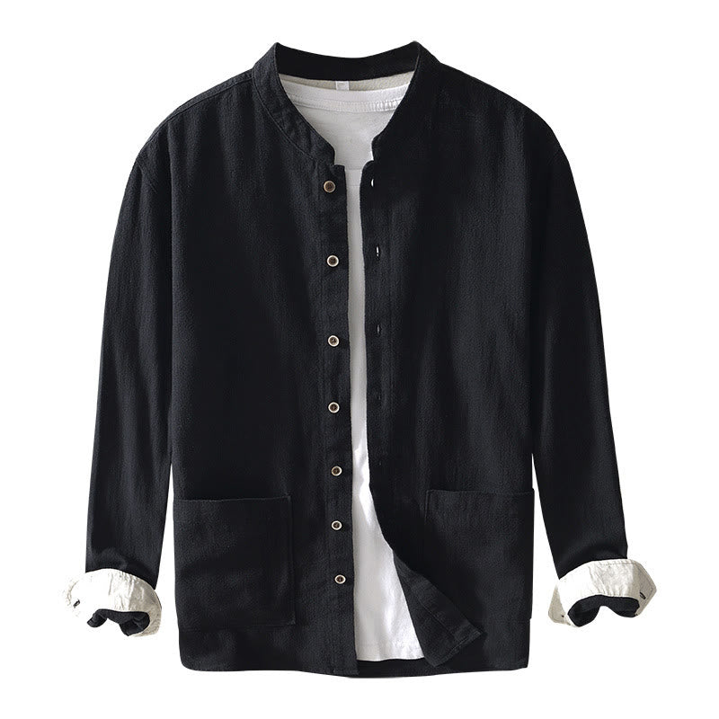 Camisa de lino y algodón de manga larga con botones y bolsillos para hombre, de color liso, con Buddha Stones - image 15