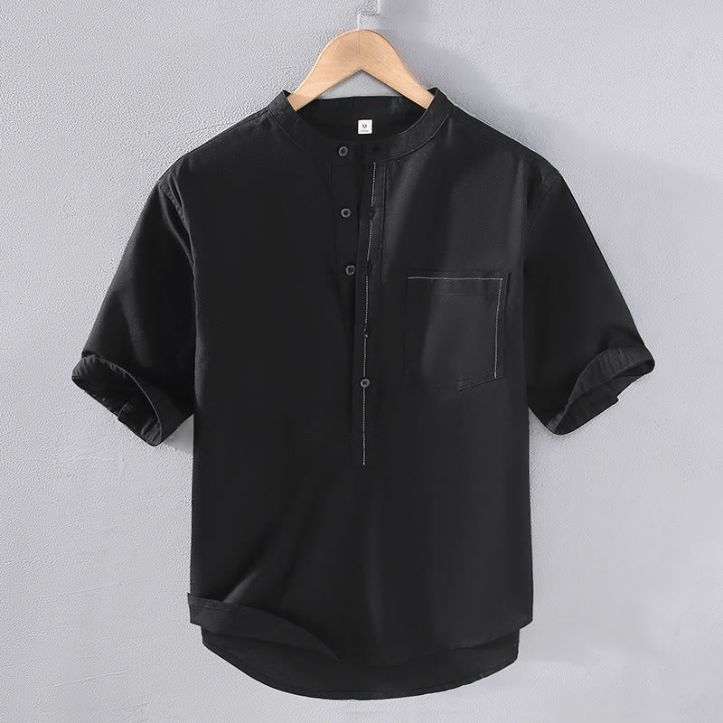 Camisa de lino de manga corta con cuello alto y botones de color puro para hombre con bolsillo y estampado de Buddha Stones Spring - Negro - US/UK/AU42, EU52 (3XL) - image 1
