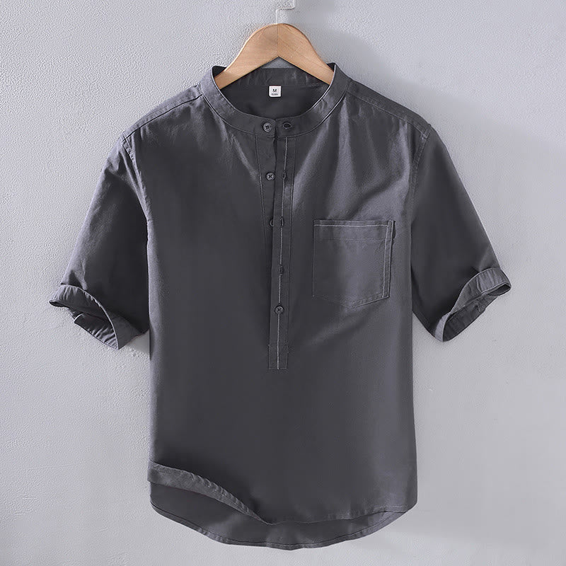 Camisa de lino de manga corta con cuello alto y botones de color puro para hombre con bolsillo y estampado de Buddha Stones Spring - Gris pizarra - US/UK/AU42, EU52 (3XL) - image 1