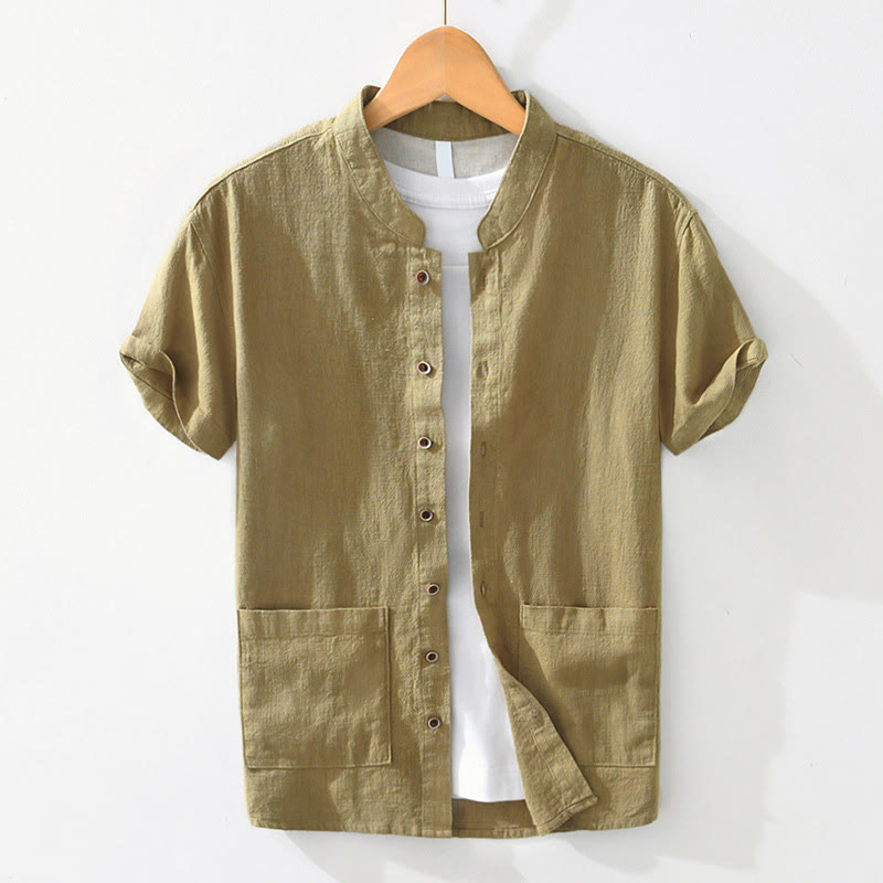 Camisa de lino y algodón de manga corta para hombre, con cuello alto, diseño informal de botones y Buddha Stones, con bolsillos - AmarilloVerde - US/UK/AU42, EU52 (3XL) - image 12