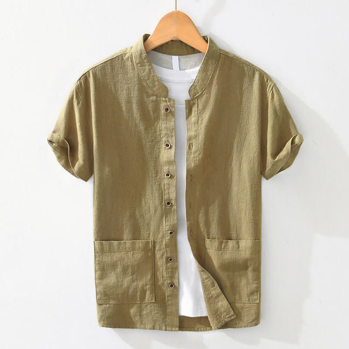 Camisa de lino y algodón de manga corta para hombre, con cuello alto, diseño informal de botones y Buddha Stones, con bolsillos - AmarilloVerde - US/UK/AU42, EU52 (3XL) - image 12