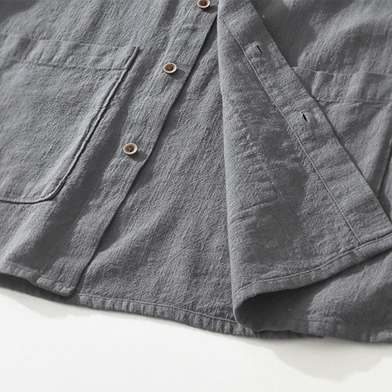 Camisa de lino y algodón de manga corta para hombre, con cuello alto, diseño informal de botones y Buddha Stones, con bolsillos - image 6