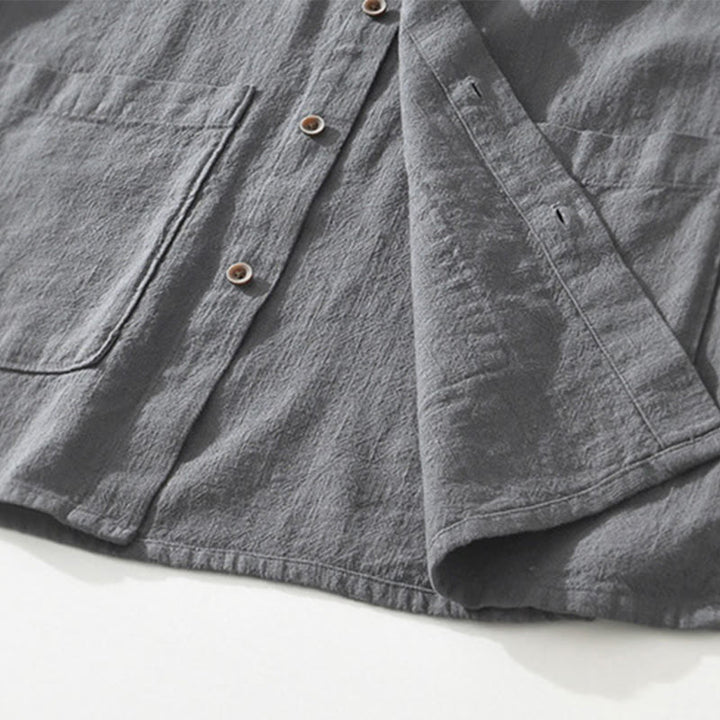 Camisa de lino y algodón de manga corta para hombre, con cuello alto, diseño informal de botones y Buddha Stones, con bolsillos - image 6