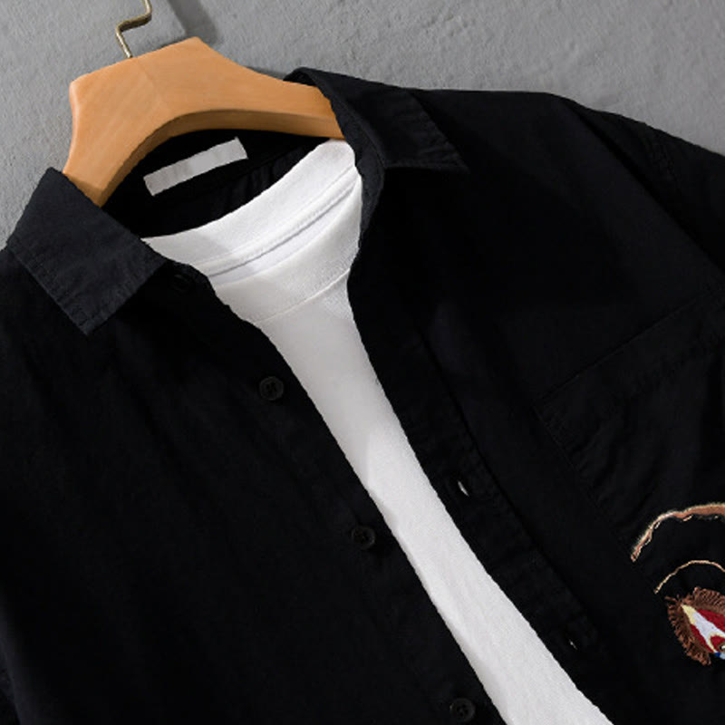Camisa de algodón de manga corta para hombre con solapa y bolsillo, con bordado de Buddha Stones y estampado de llamas - image 11