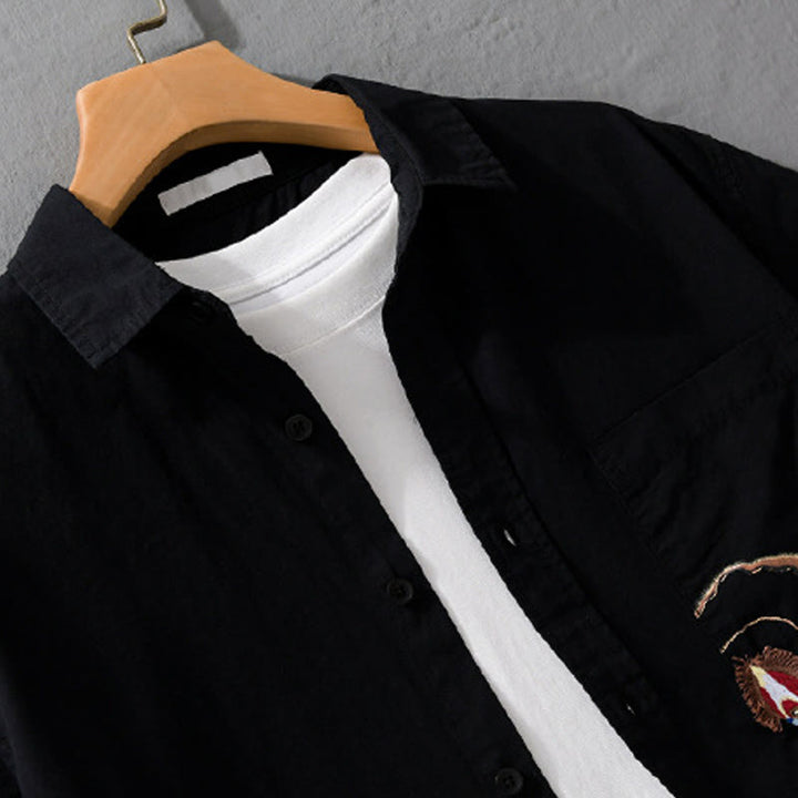 Camisa de algodón de manga corta para hombre con solapa y bolsillo, con bordado de Buddha Stones y estampado de llamas - image 11