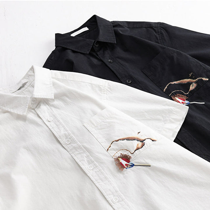 Camisa de algodón de manga corta para hombre con solapa y bolsillo, con bordado de Buddha Stones y estampado de llamas - image 14