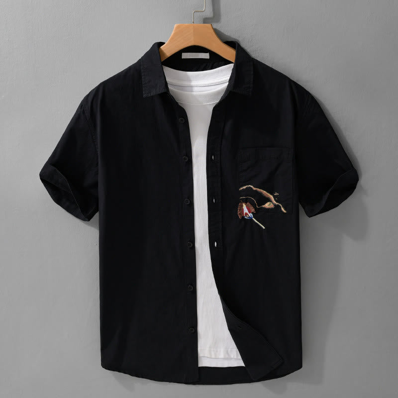 Camisa de algodón de manga corta para hombre con solapa y bolsillo, con bordado de Buddha Stones y estampado de llamas - Negro - US/UK/AU42, EU52 (3XL) - image 10
