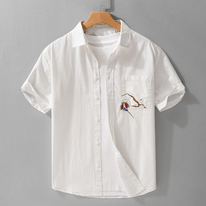 Camisa de algodón de manga corta para hombre con solapa y bolsillo, con bordado de Buddha Stones y estampado de llamas - Blanco - US/UK/AU42, EU52 (3XL) - image 1