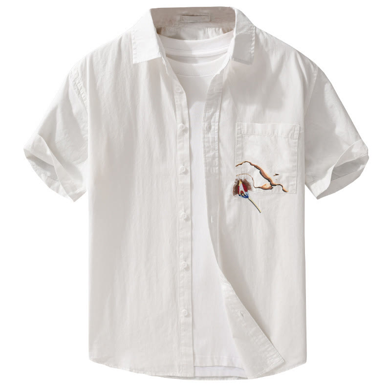 Camisa de algodón de manga corta para hombre con solapa y bolsillo, con bordado de Buddha Stones y estampado de llamas - image 9