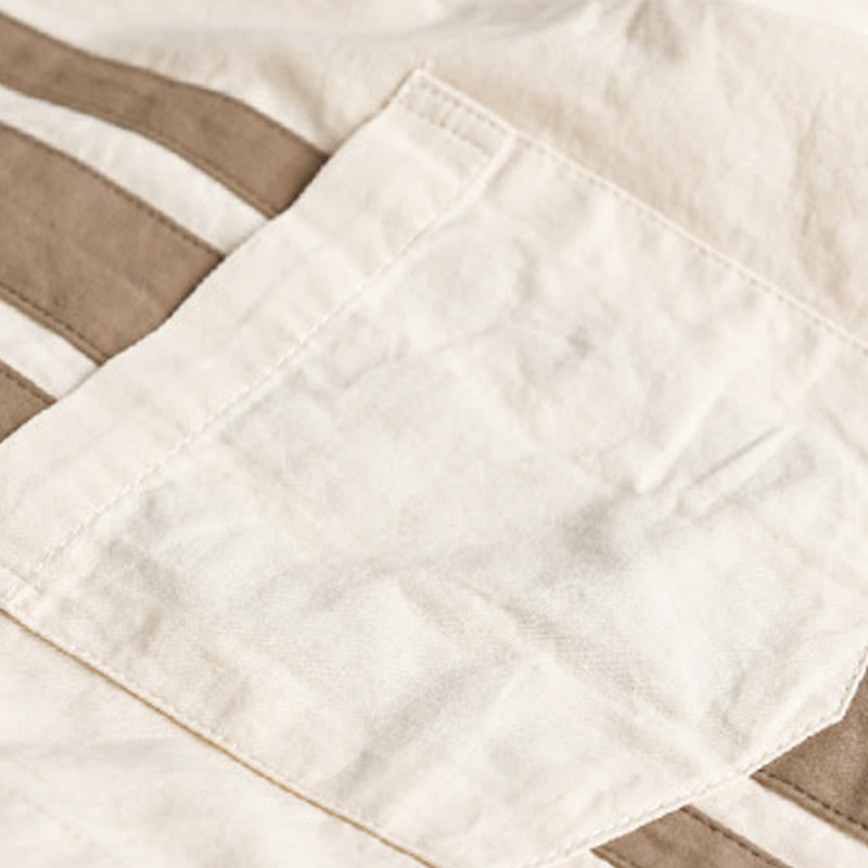 Camisa de algodón de manga larga para hombre con diseño de patchwork en contraste de color y solapa con estampado de Buddha Stones y bolsillo - image 4