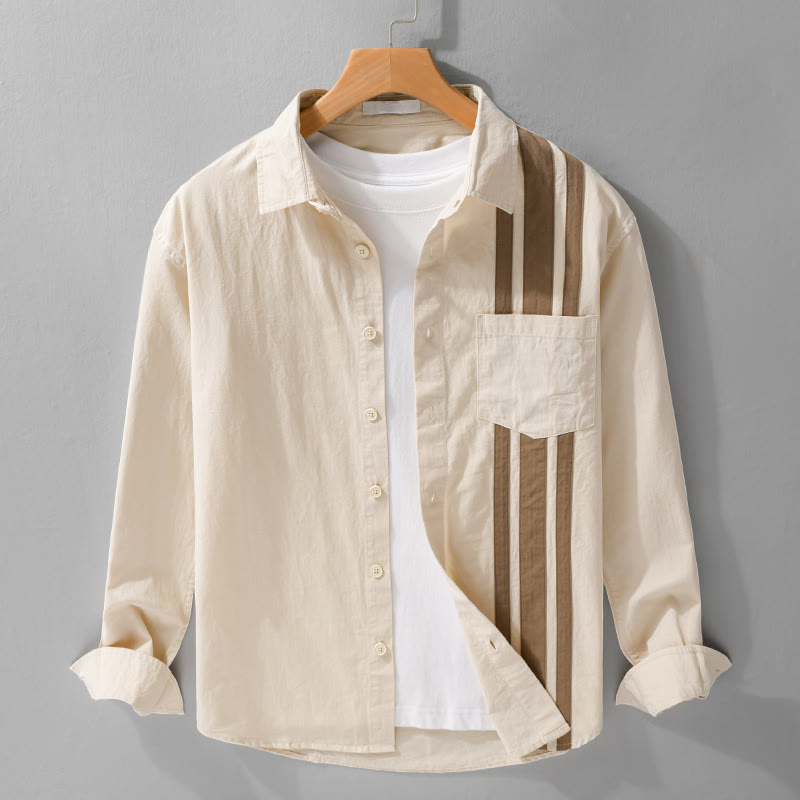 Camisa de algodón de manga larga para hombre con diseño de patchwork en contraste de color y solapa con estampado de Buddha Stones y bolsillo - Beige - US/UK/AU42, EU52 (3XL) - image 1