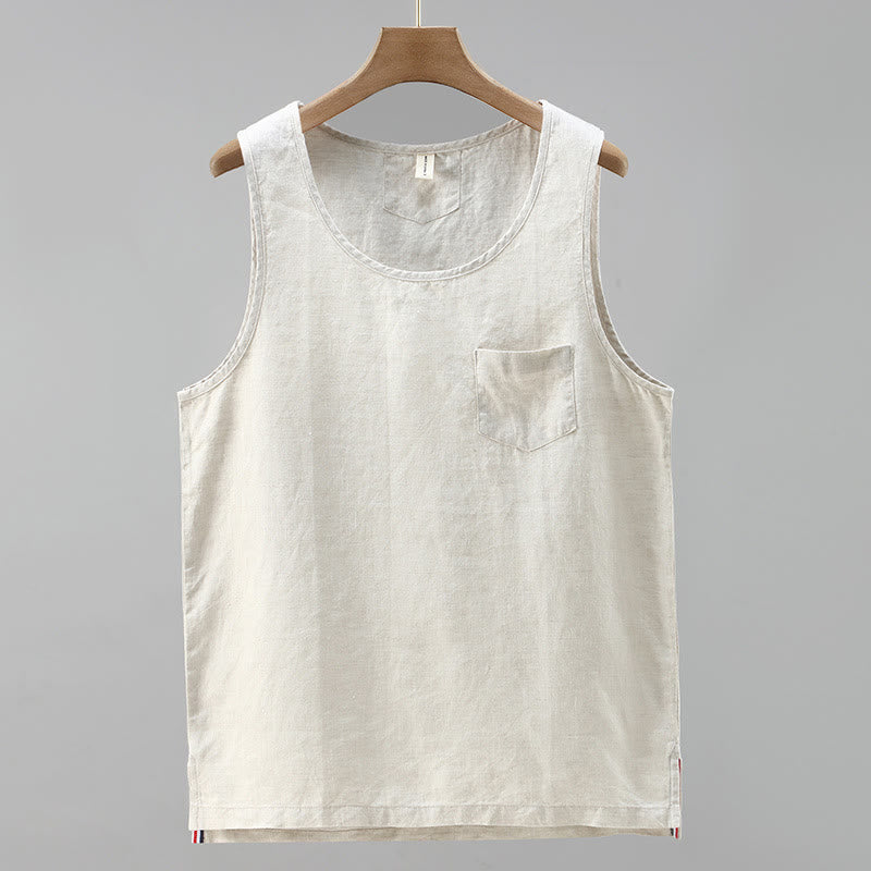 Chaleco de lino sin mangas para hombre con diseño de abertura lateral de color liso de verano Buddha Stones - Beige - US/UK/AU42, EU52 (3XL) - image 0