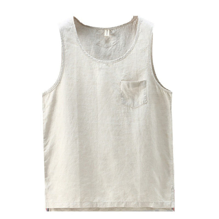 Chaleco de lino sin mangas para hombre con diseño de abertura lateral de color liso de verano Buddha Stones - image 8