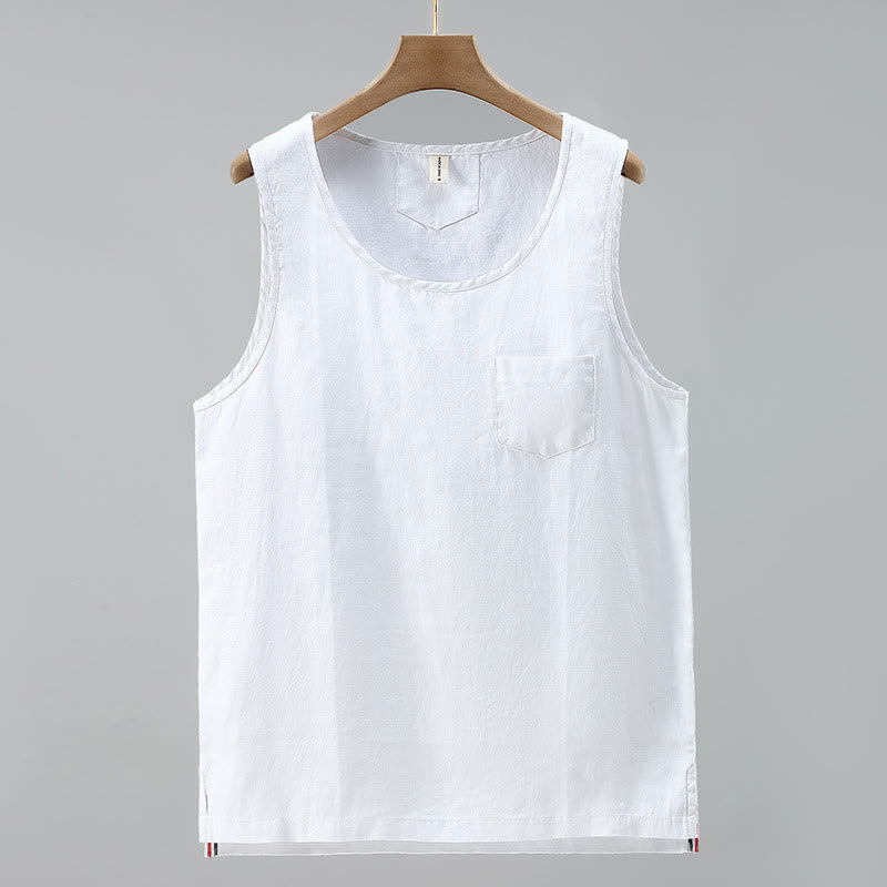 Chaleco de lino sin mangas para hombre con diseño de abertura lateral de color liso de verano Buddha Stones - Blanco - US/UK/AU42, EU52 (3XL) - image 9