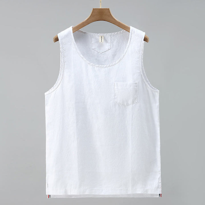 Chaleco de lino sin mangas para hombre con diseño de abertura lateral de color liso de verano Buddha Stones - Blanco - US/UK/AU42, EU52 (3XL) - image 9