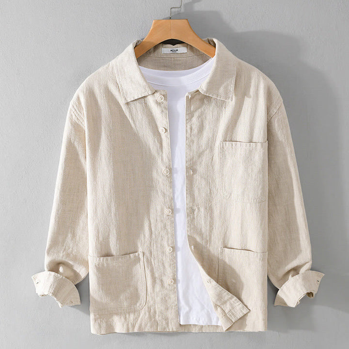 Camisa de lino y algodón de manga larga para hombre con solapa de color liso y bolsillo de Buddha Stones Commute Fall - Beige - US/UK/AU42, EU52 (3XL) - image 0