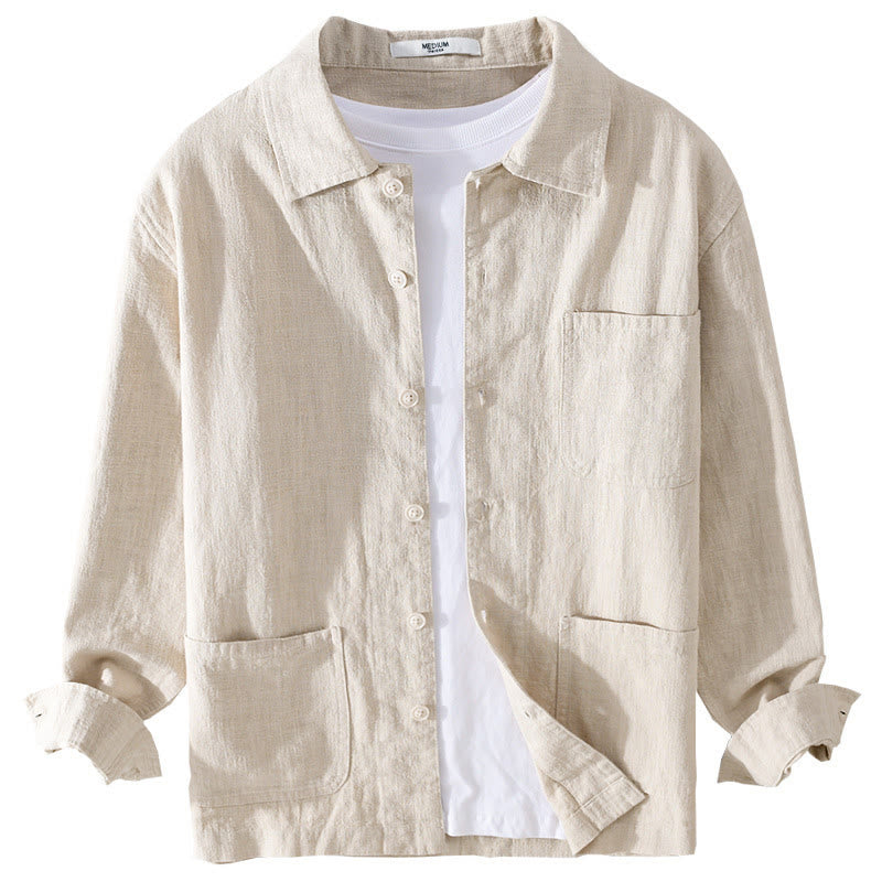 Camisa de lino y algodón de manga larga para hombre con solapa de color liso y bolsillo de Buddha Stones Commute Fall - image 7