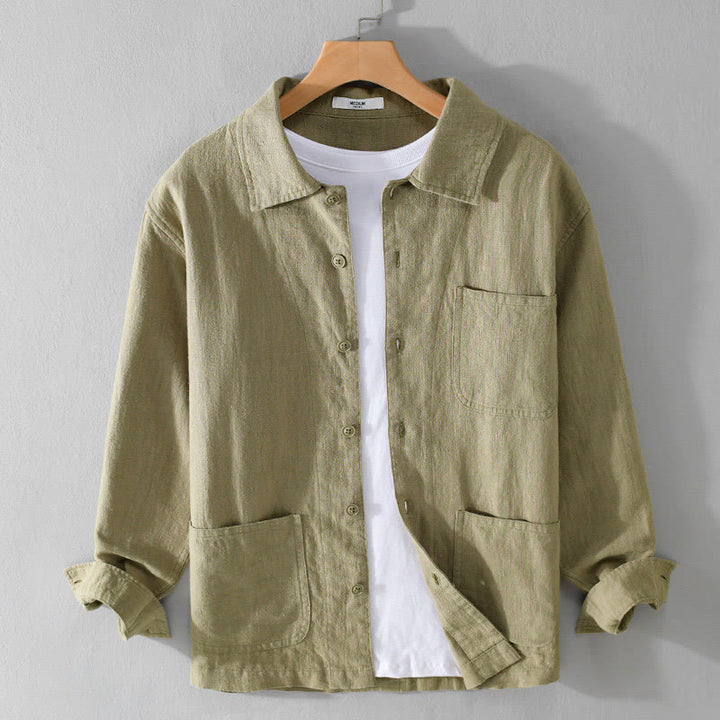 Camisa de lino y algodón de manga larga para hombre con solapa de color liso y bolsillo de Buddha Stones Commute Fall - Verde amarillento - US/UK/AU42, EU52 (3XL) - image 26