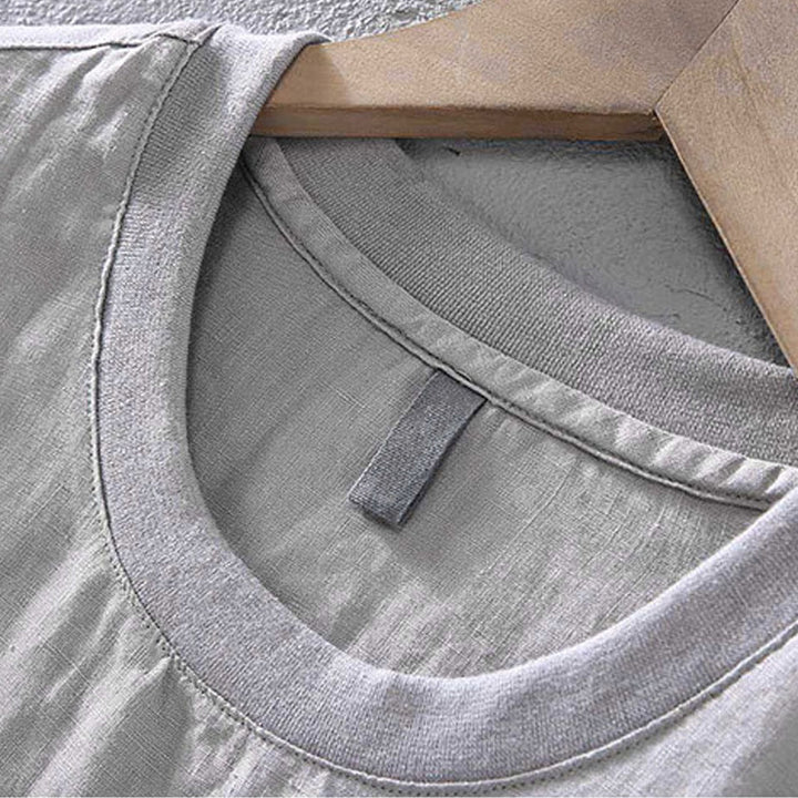 Camisa de lino de manga corta para hombre, diseño sencillo, con cuello redondo y bolsillo, con Buddha Stones - image 4