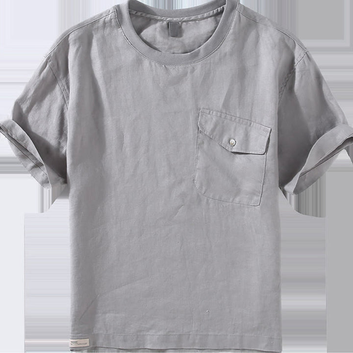 Camisa de lino de manga corta para hombre, diseño sencillo, con cuello redondo y bolsillo, con Buddha Stones - image 3