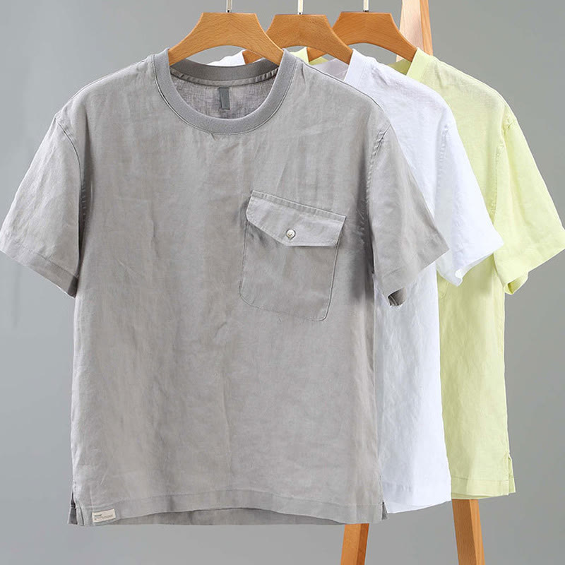 Camisa de lino de manga corta para hombre, diseño sencillo, con cuello redondo y bolsillo, con Buddha Stones - image 13