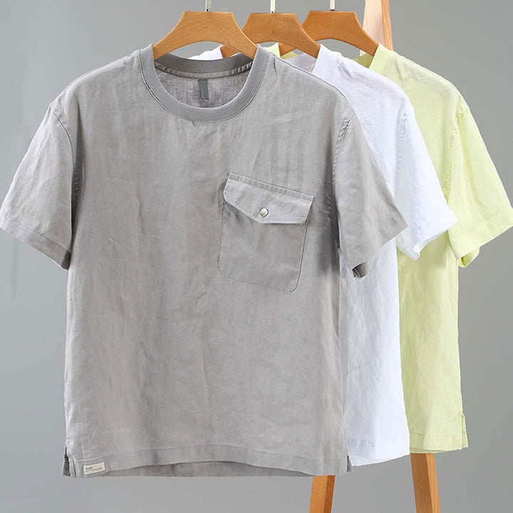 Camisa de lino de manga corta para hombre, diseño sencillo, con cuello redondo y bolsillo, con Buddha Stones - image 13