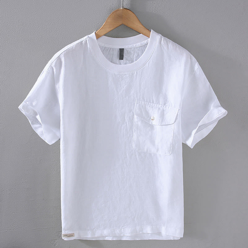 Camisa de lino de manga corta para hombre, diseño sencillo, con cuello redondo y bolsillo, con Buddha Stones - Blanco - US/UK/AU42, EU52 (3XL) - image 11