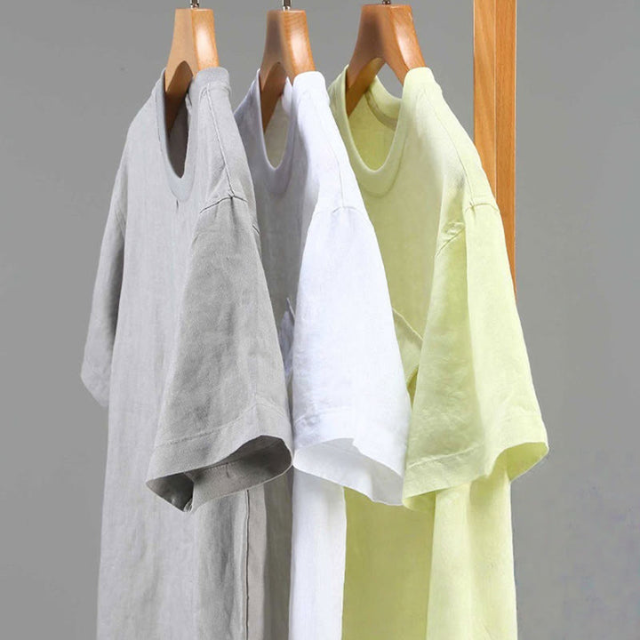Camisa de lino de manga corta para hombre, diseño sencillo, con cuello redondo y bolsillo, con Buddha Stones - image 13