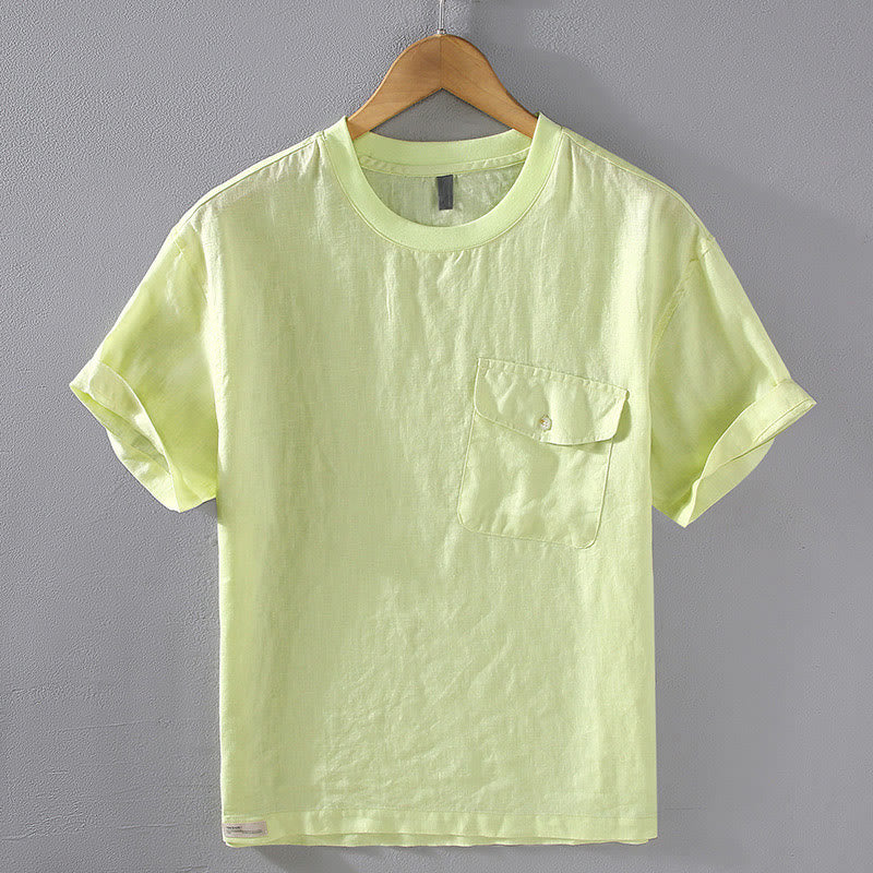 Camisa de lino de manga corta para hombre, diseño sencillo, con cuello redondo y bolsillo, con Buddha Stones - VerdeAmarillo - US/UK/AU42, EU52 (3XL) - image 10