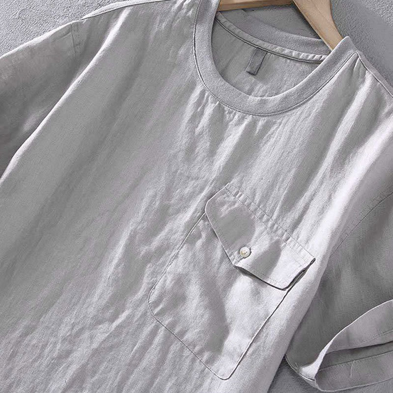 Camisa de lino de manga corta para hombre, diseño sencillo, con cuello redondo y bolsillo, con Buddha Stones - image 5