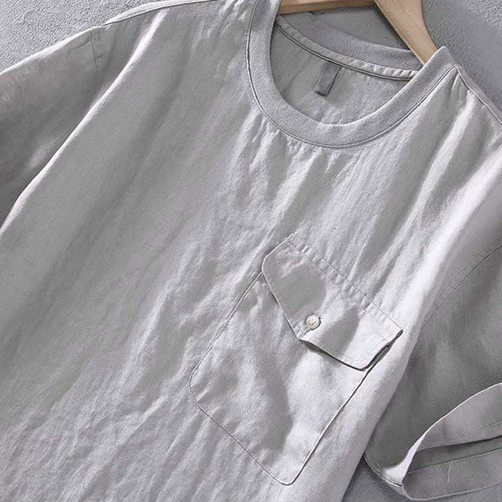 Camisa de lino de manga corta para hombre, diseño sencillo, con cuello redondo y bolsillo, con Buddha Stones - image 5