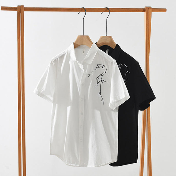 Camisa de algodón de manga corta para hombre con diseño artístico simple y bordado de bambú y Buddha Stones - image 15