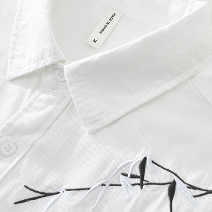 Camisa de algodón de manga corta para hombre con diseño artístico simple y bordado de bambú y Buddha Stones - image 6