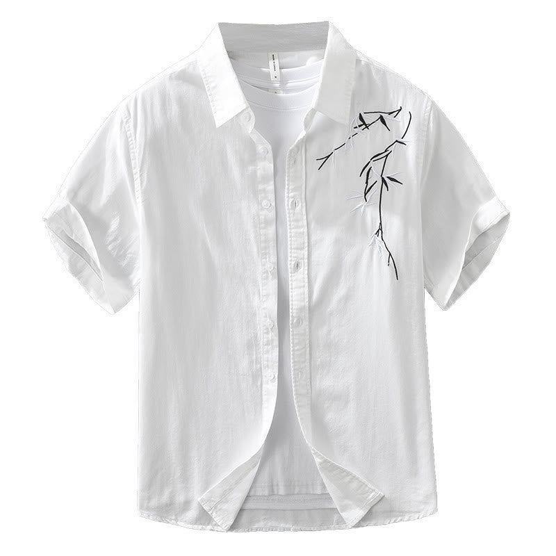 Camisa de algodón de manga corta para hombre con diseño artístico simple y bordado de bambú y Buddha Stones - image 14