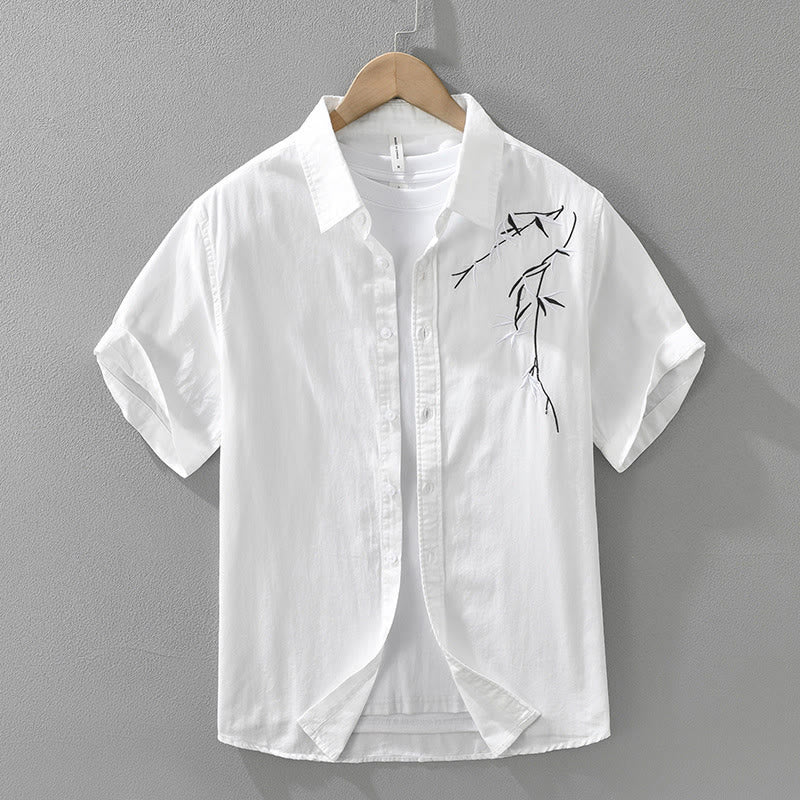 Camisa de algodón de manga corta para hombre con diseño artístico simple y bordado de bambú y Buddha Stones - Blanco - US/UK/AU42, EU52 (3XL) - image 2