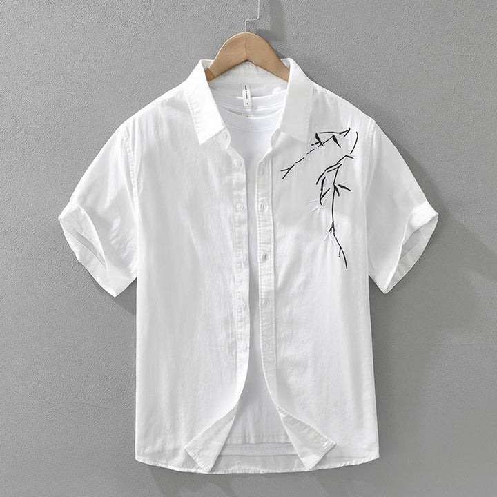 Camisa de algodón de manga corta para hombre con diseño artístico simple y bordado de bambú y Buddha Stones - Blanco - US/UK/AU42, EU52 (3XL) - image 2
