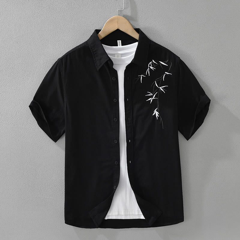 Camisa de algodón de manga corta para hombre con diseño artístico simple y bordado de bambú y Buddha Stones - Negro - US/UK/AU42, EU52 (3XL) - image 1