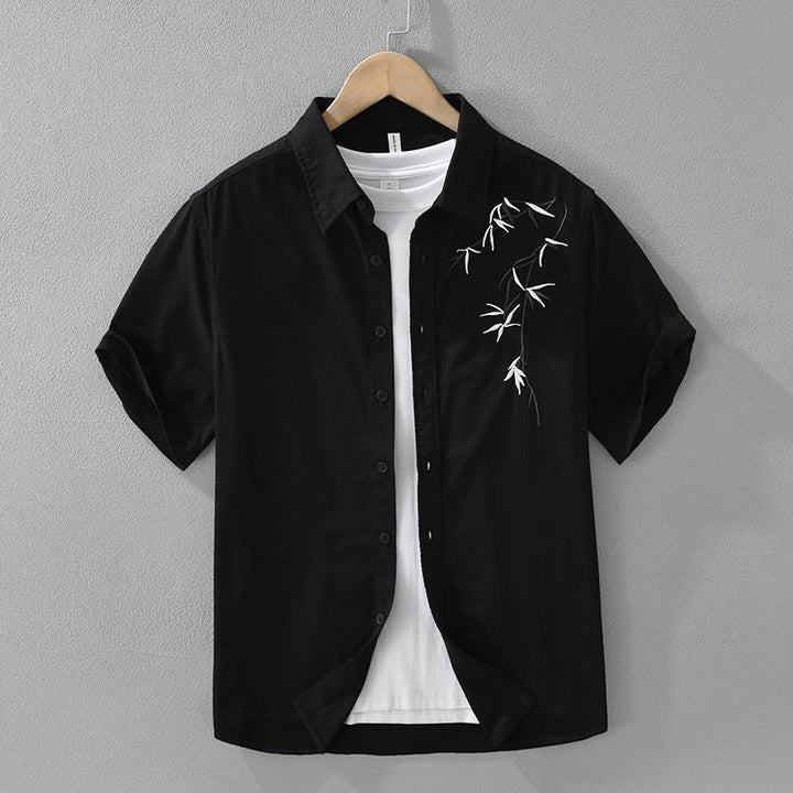 Camisa de algodón de manga corta para hombre con diseño artístico simple y bordado de bambú y Buddha Stones - Negro - US/UK/AU42, EU52 (3XL) - image 1