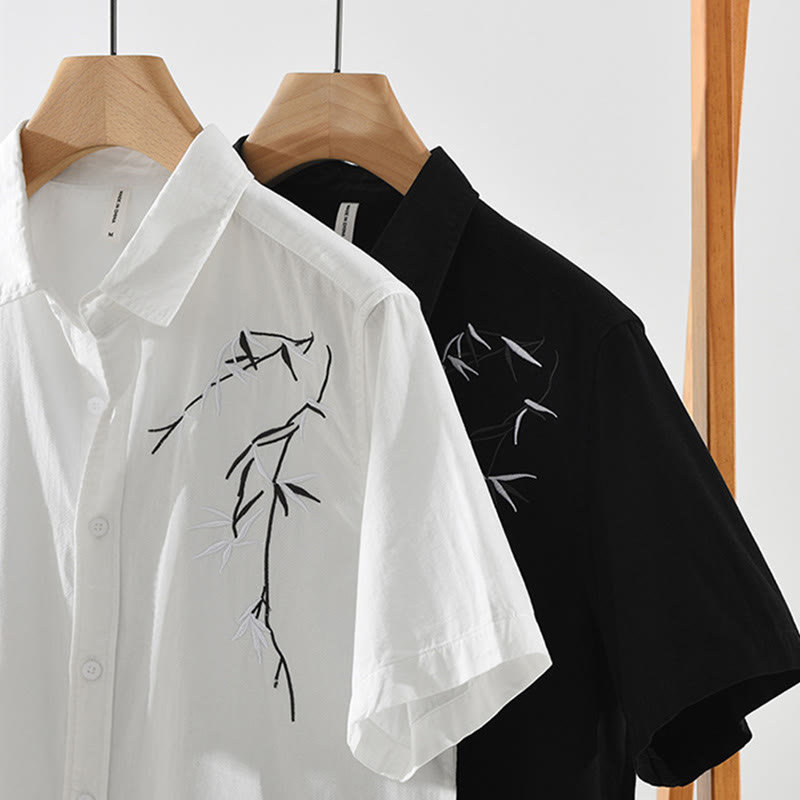Camisa de algodón de manga corta para hombre con diseño artístico simple y bordado de bambú y Buddha Stones - image 16