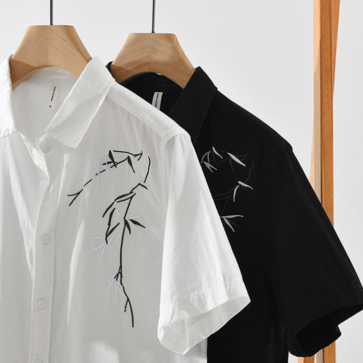 Camisa de algodón de manga corta para hombre con diseño artístico simple y bordado de bambú y Buddha Stones - image 16