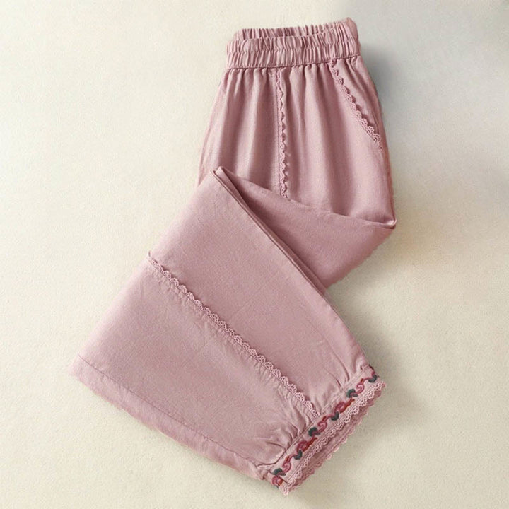 Pantalones harén de lino y algodón para mujer, informales, con diseño de encaje lateral, de Buddha Stones, de largo 7-8 y bolsillos - image 10