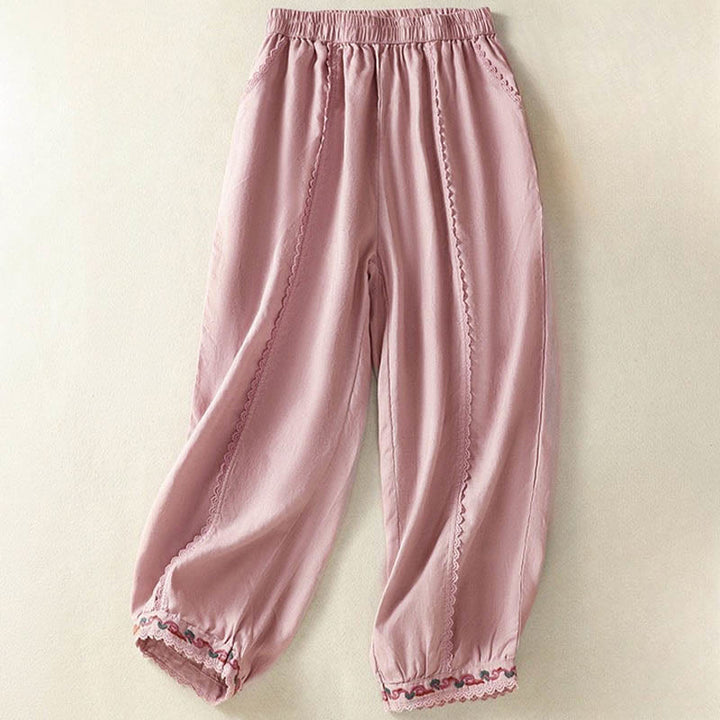 Pantalones harén de lino y algodón para mujer, informales, con diseño de encaje lateral, de Buddha Stones, de largo 7-8 y bolsillos - Rosa - US8-10，UK/AU12-14，EU40-42 (2XL) - image 8