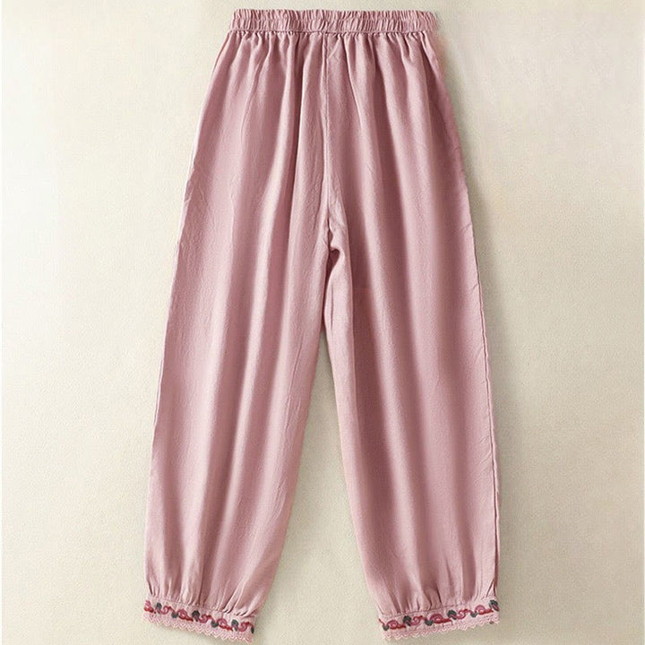 Pantalones harén de lino y algodón para mujer, informales, con diseño de encaje lateral, de Buddha Stones, de largo 7-8 y bolsillos - image 9