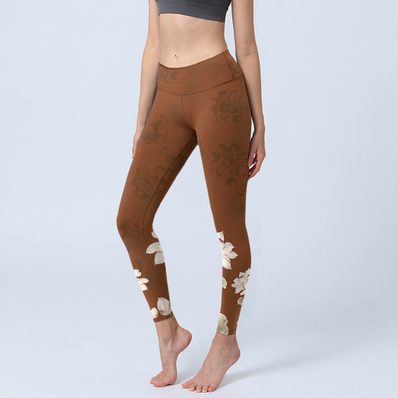 Leggings de yoga para mujer con estampado de flor de loto blanca y marrón con Buddha Stones - SaddleBrown - US18，UK/AU22，EU50 (4XL) - image 1