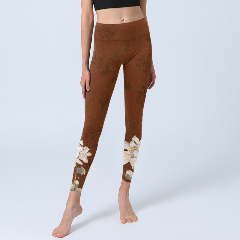 Leggings de yoga para mujer con estampado de flor de loto blanca y marrón con Buddha Stones - image 6